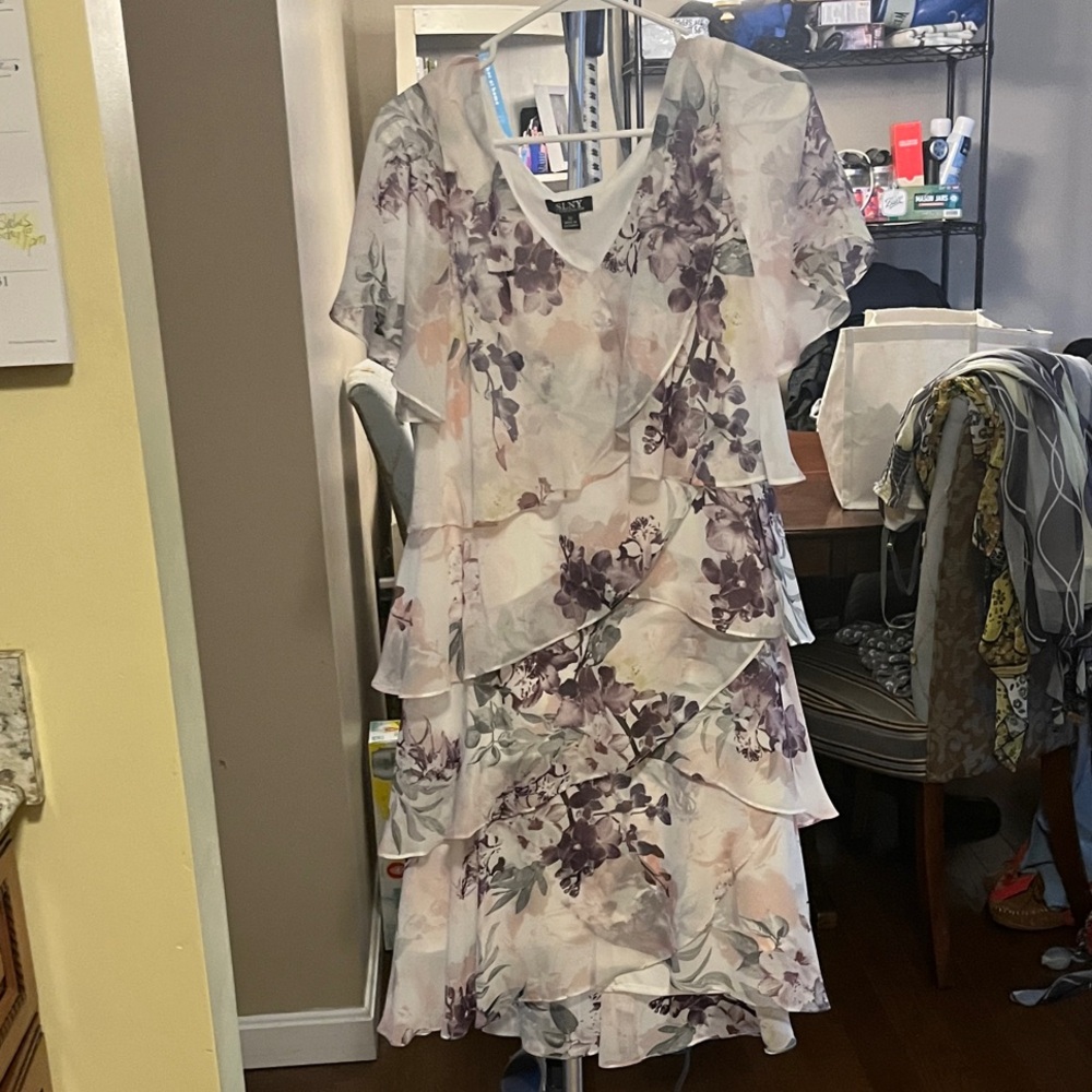 SLNY Cream and Purple Floral Midi Dress